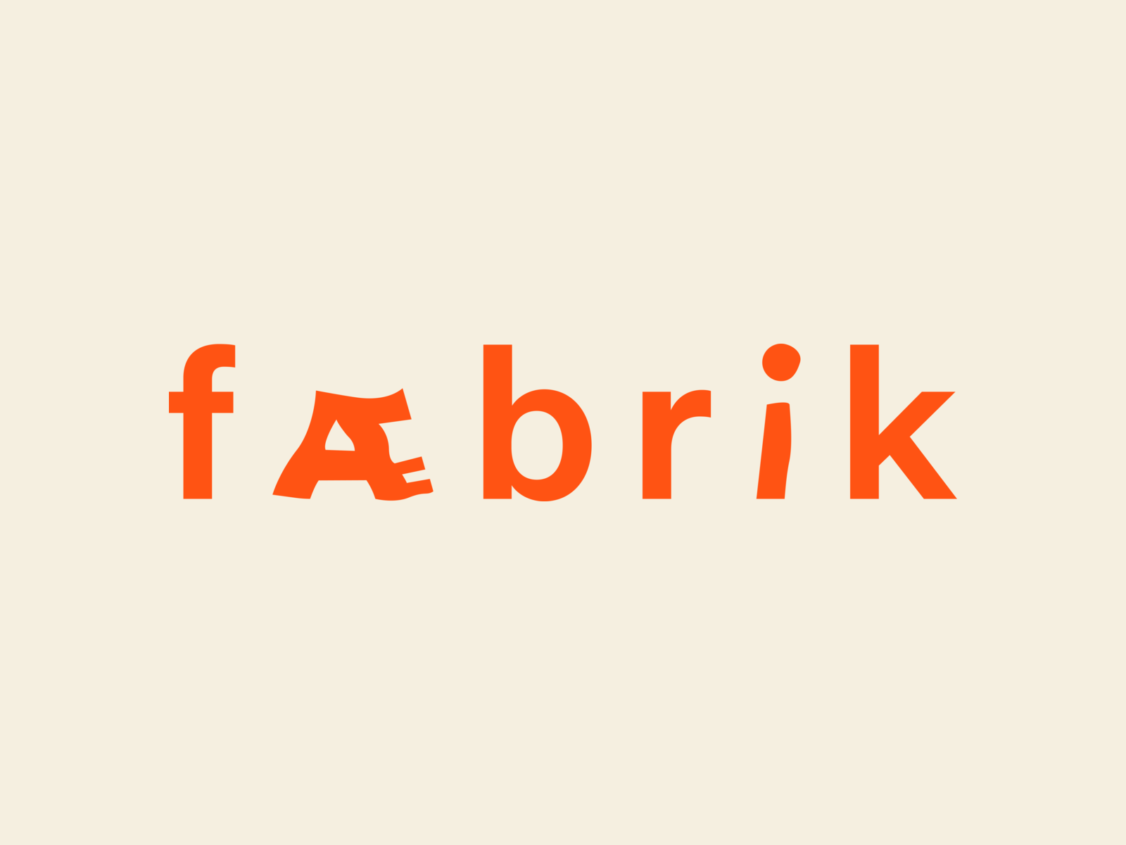 Fæbriks ekte «fæbrik»-logo i signaturoransje på creme bakgrunn