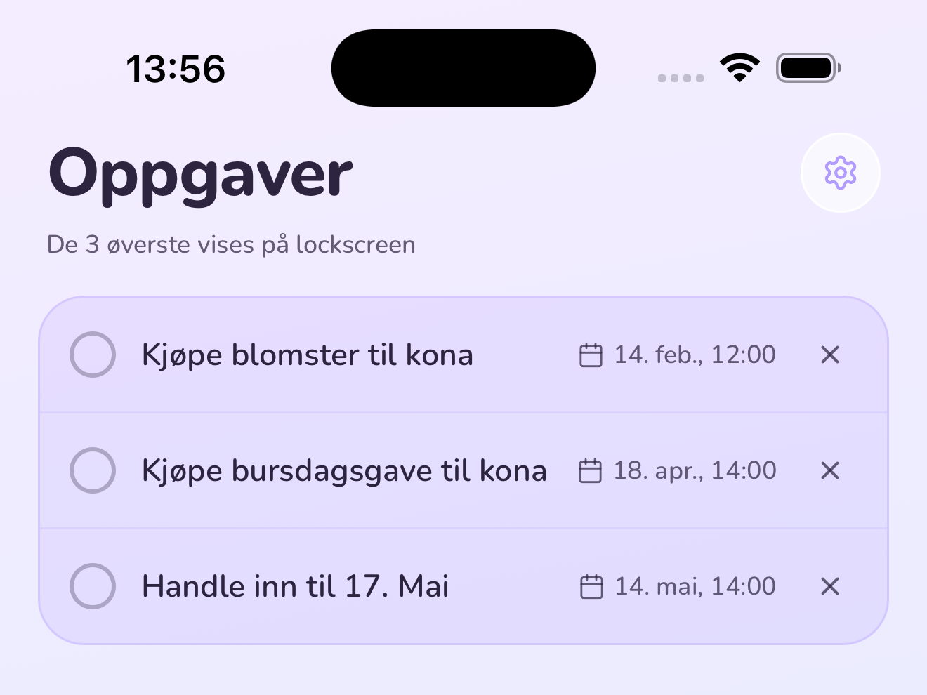 Flink-appen vist på iPhone – dagens gjøremålsliste i lavendel
