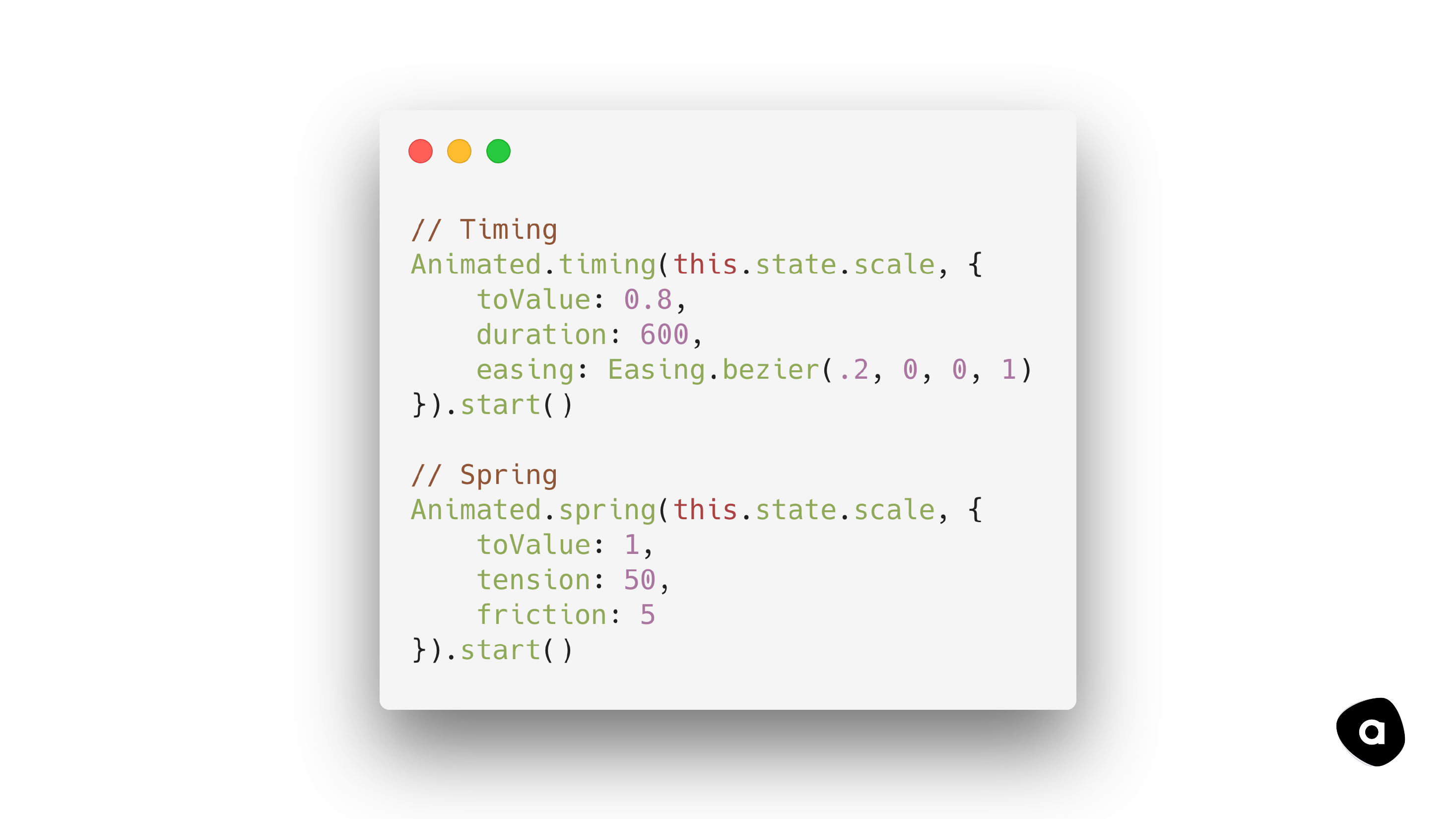 Kode-slide med Animated.timing og Animated.spring i React Native