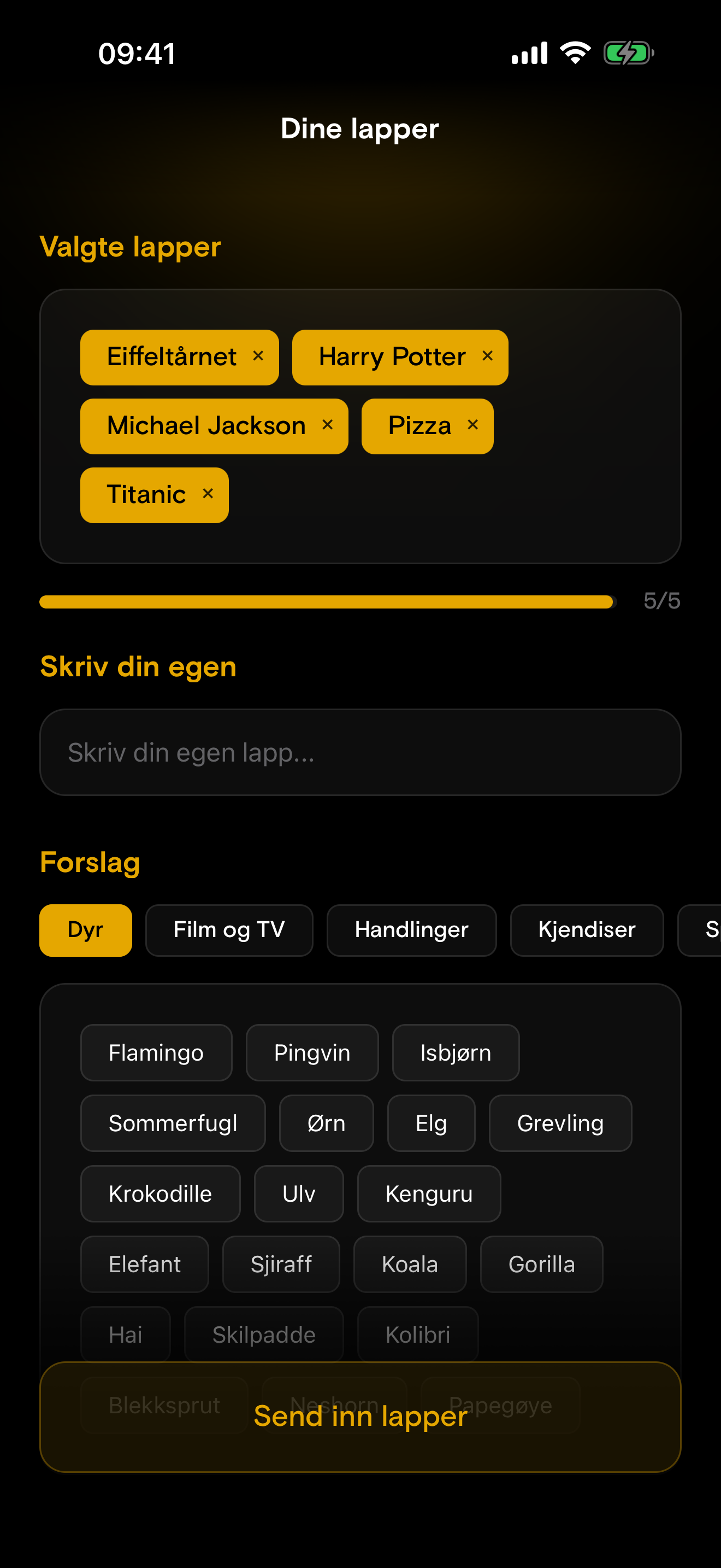 Skjerm for å skrive lapper som legges i bollen