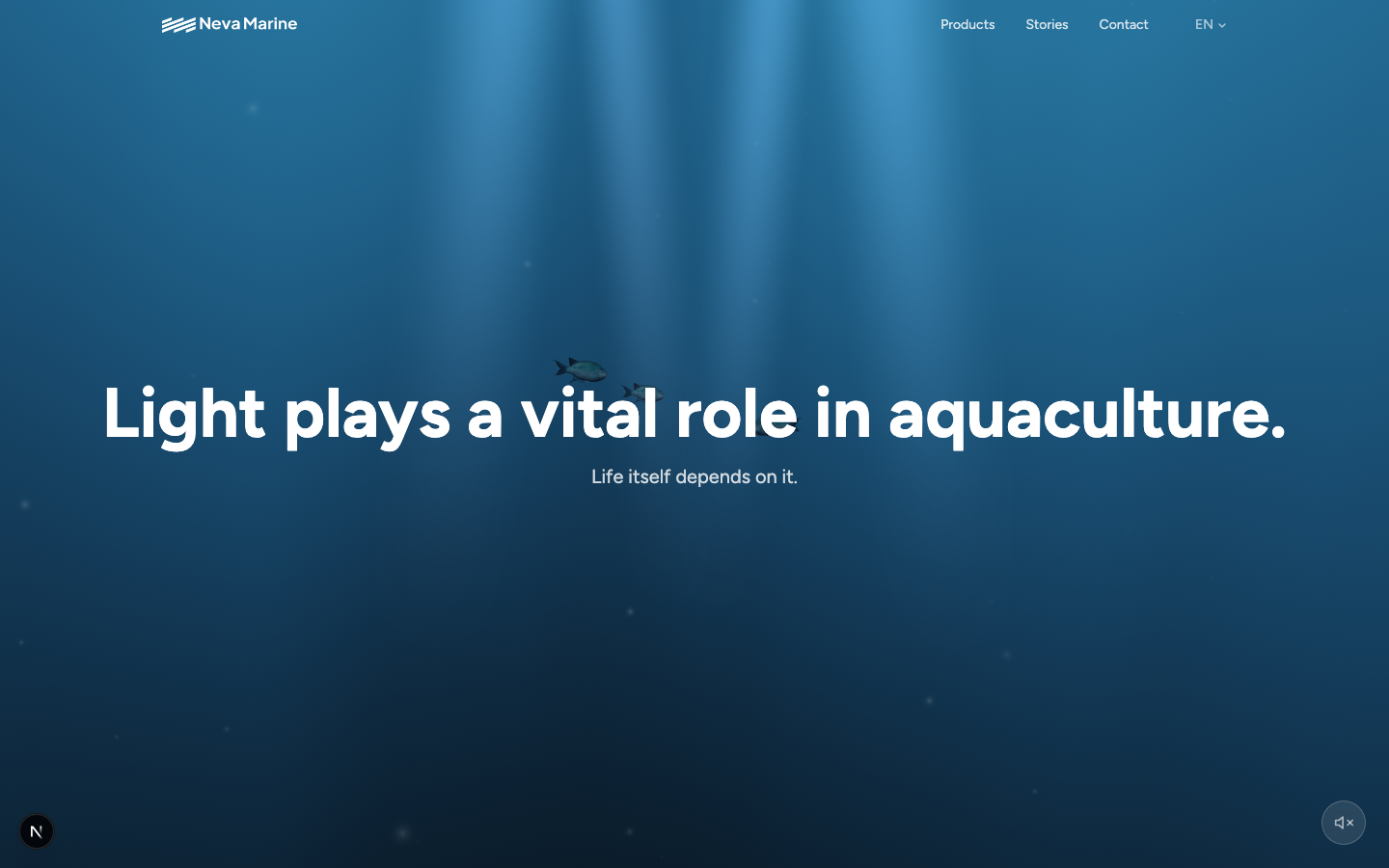 Hero-seksjon med undervannsbakgrunn og headline "Light plays a vital role in aquaculture."