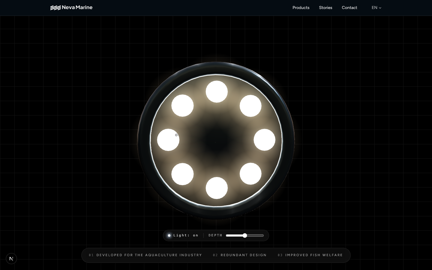 AquaSolar produktside med interaktivt 3D-objekt, Light-toggle og Depth-slider