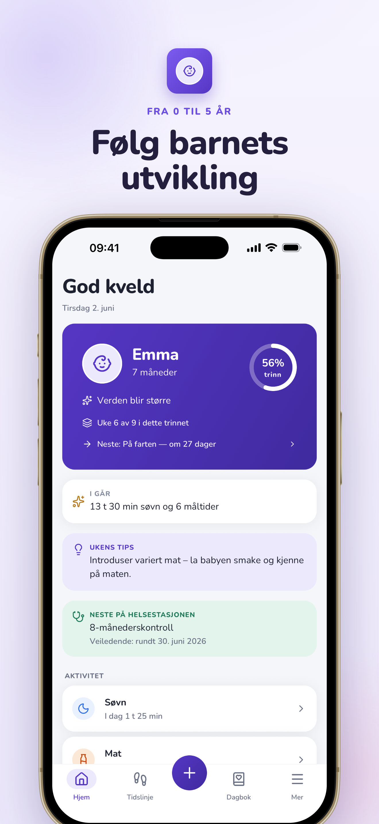 Hjemskjerm med barnets profil, trinnprogresjon og ukens tips