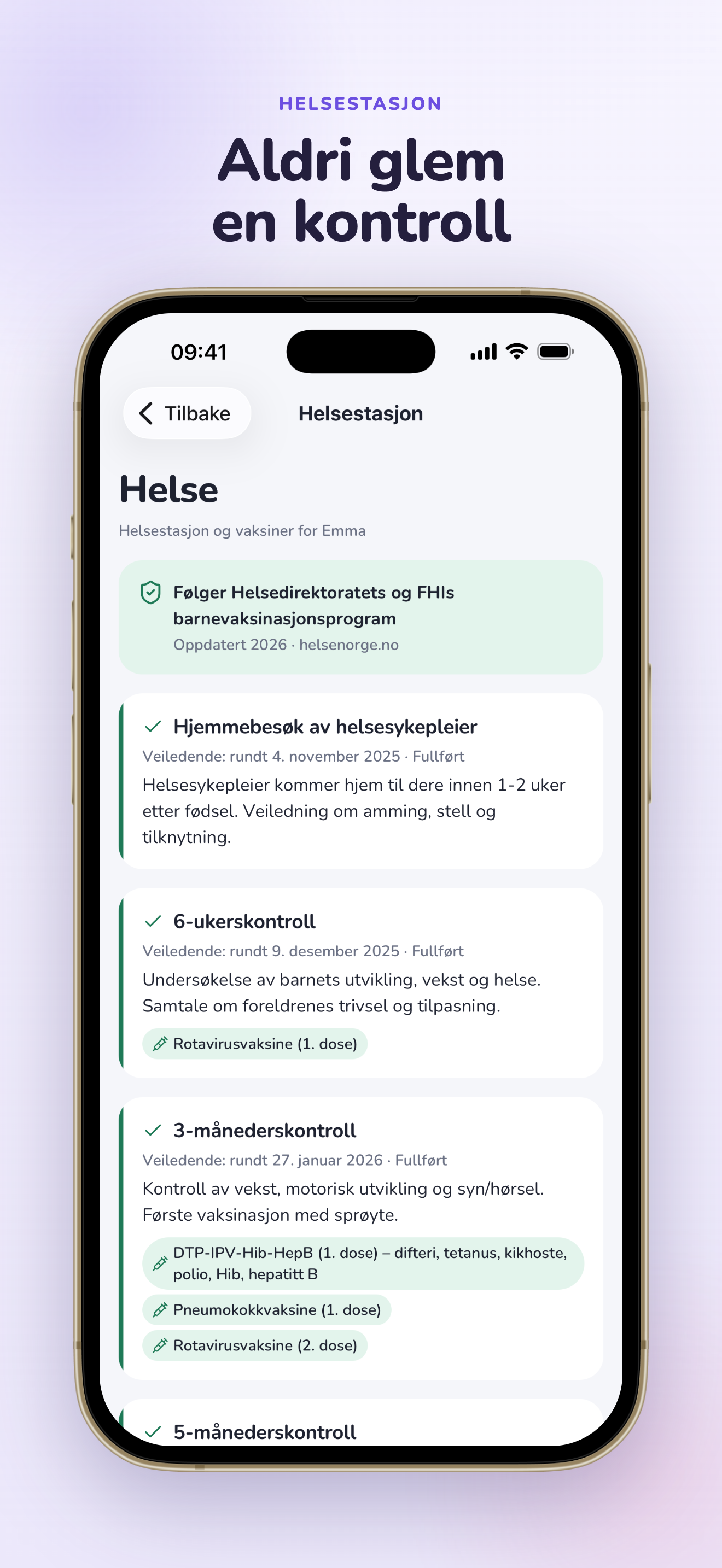 Helsestasjonslogg med kontroller og vaksinasjonsplan